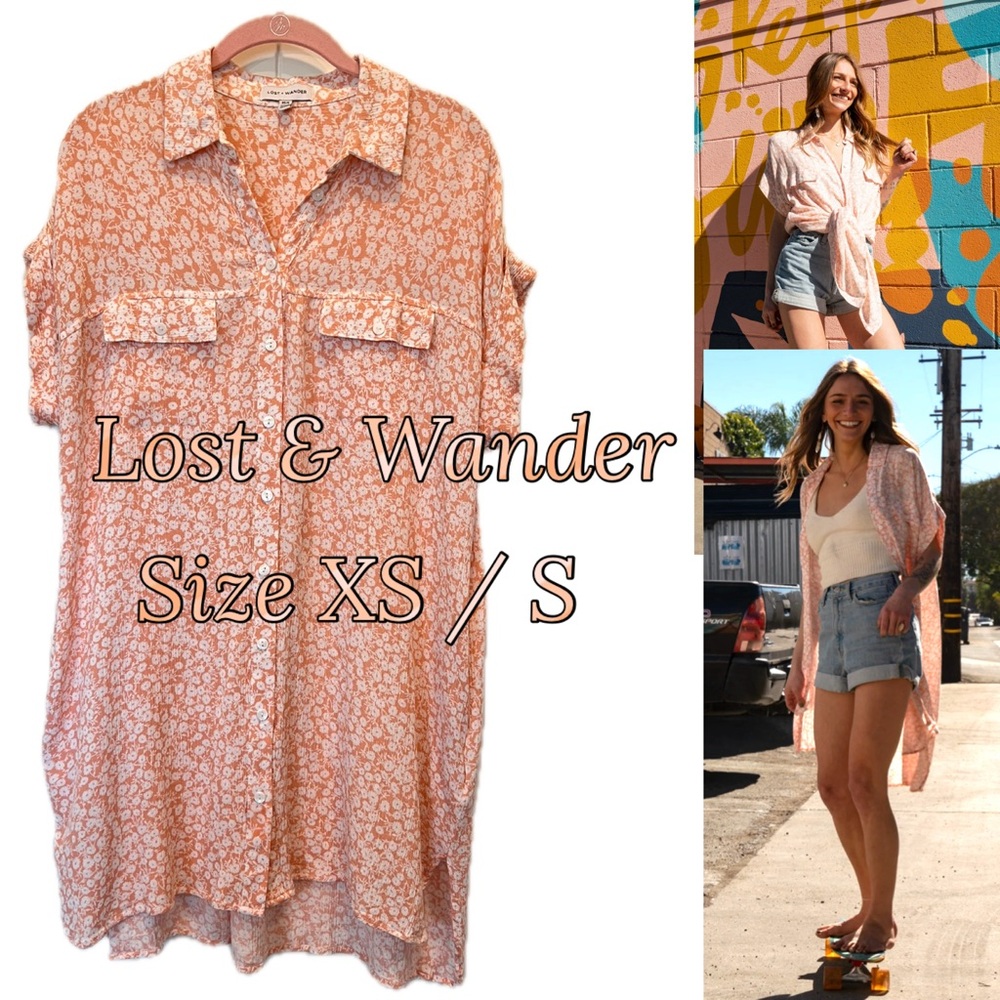 Lost + Wander Pink Peach Ditsy Floral Shirt Dress / Coverup Size Small